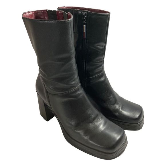 Tommy Hilfiger Shoes - Tommy Hilfiger Vtg Black Leather Chunky Heel Square Toe Ankle Boots 8.5 90s Y2K